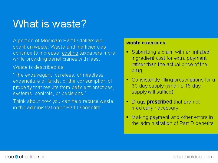 What is waste? A portion of Medicare Part D dollars are spent on waste.