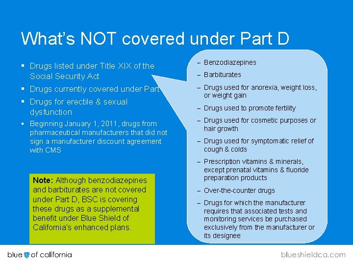 What’s NOT covered under Part D § Drugs listed under Title XIX of the