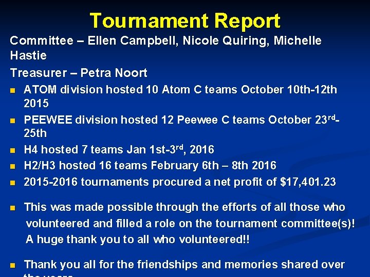 Tournament Report Committee – Ellen Campbell, Nicole Quiring, Michelle Hastie Treasurer – Petra Noort