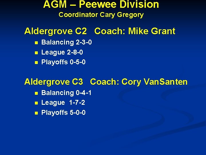 AGM – Peewee Division Coordinator Cary Gregory Aldergrove C 2 Coach: Mike Grant n