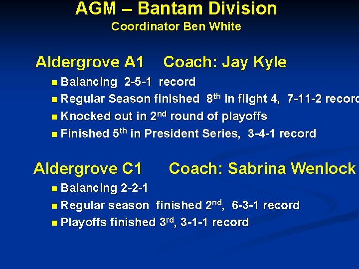 AGM – Bantam Division Coordinator Ben White Aldergrove A 1 Coach: Jay Kyle n