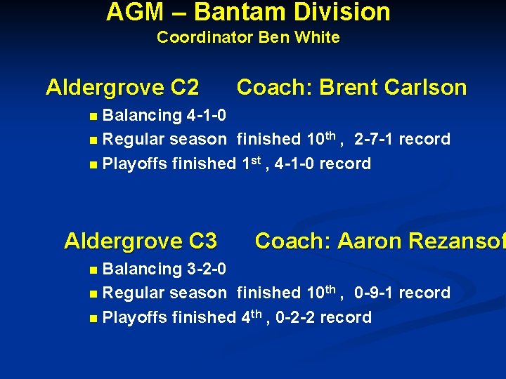AGM – Bantam Division Coordinator Ben White Aldergrove C 2 Coach: Brent Carlson n