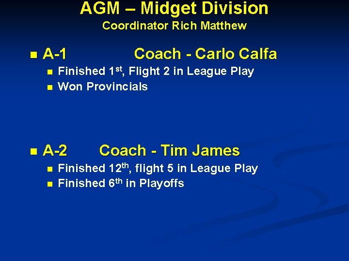 AGM – Midget Division Coordinator Rich Matthew n A-1 n n n Finished 1