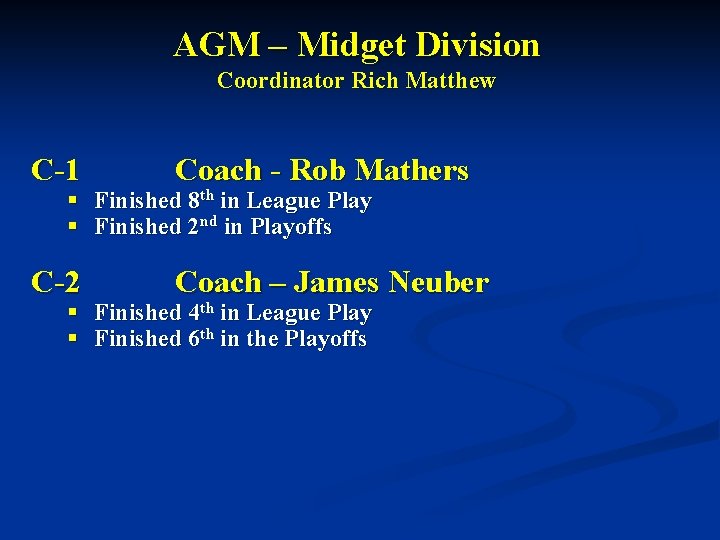 AGM – Midget Division Coordinator Rich Matthew C-1 Coach - Rob Mathers C-2 Coach