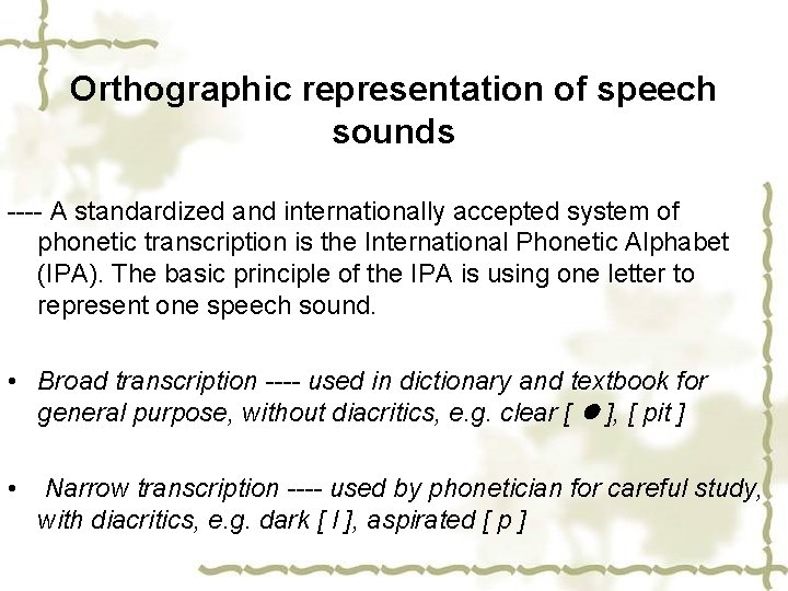 Orthographic representation of speech sounds ---- A standardized and internationally accepted system of phonetic