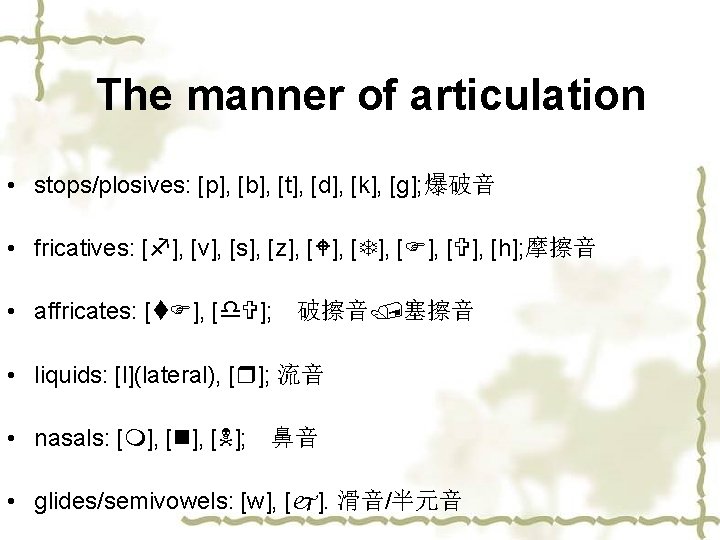 The manner of articulation • stops/plosives: [p], [b], [t], [d], [k], [g]; 爆破音 •