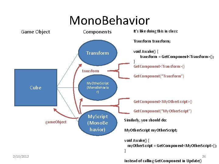 Mono. Behavior Game Object Components It’s like doing this in class: Transform transform; Transform