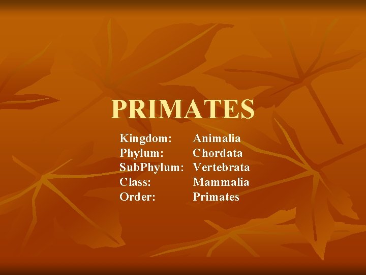 PRIMATES Kingdom: Phylum: Sub. Phylum: Class: Order: Animalia Chordata Vertebrata Mammalia Primates 