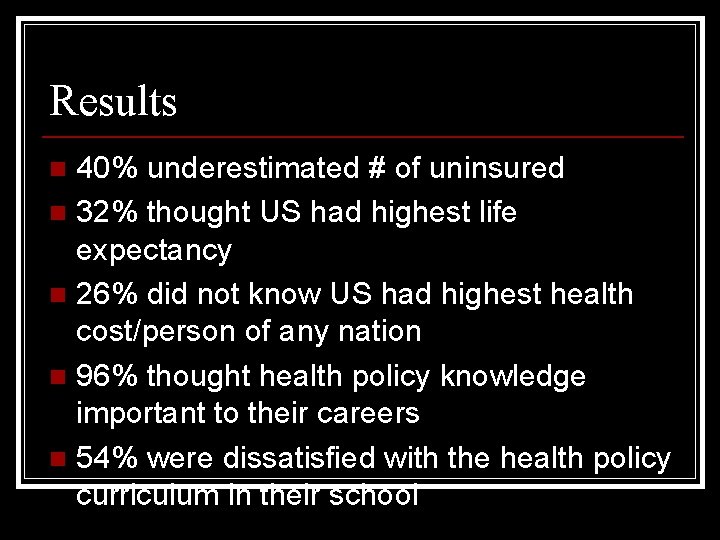 Results 40% underestimated # of uninsured n 32% thought US had highest life expectancy