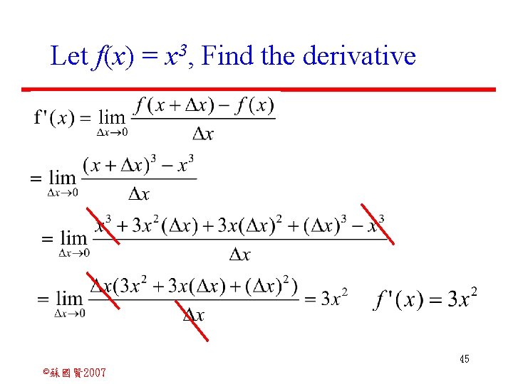 Let f(x) = x 3, Find the derivative 45 ©蘇國賢 2007 