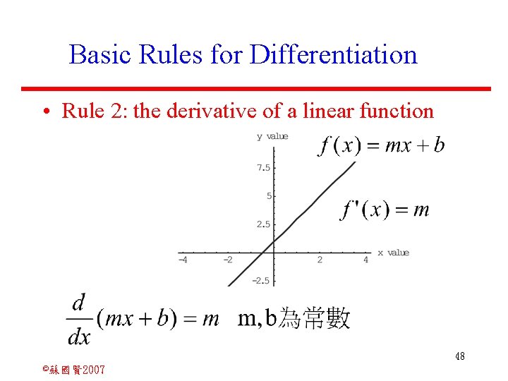 Basic Rules for Differentiation • Rule 2: the derivative of a linear function 48