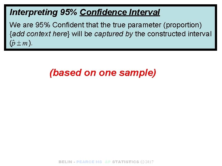 Interpreting 95% Confidence Interval We are 95% Confident that the true parameter (proportion) {add