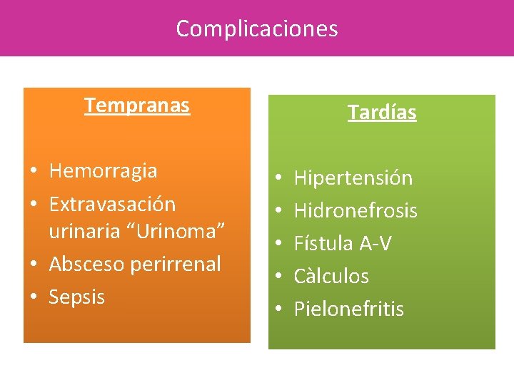 Complicaciones Tempranas • Hemorragia • Extravasación urinaria “Urinoma” • Absceso perirrenal • Sepsis Tardías