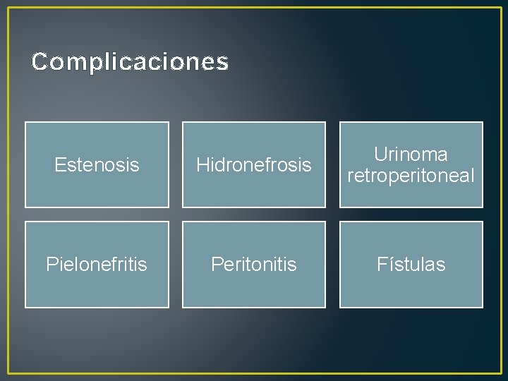 Complicaciones Estenosis Hidronefrosis Urinoma retroperitoneal Pielonefritis Peritonitis Fístulas 