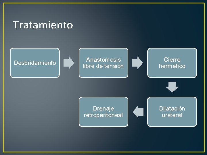 Tratamiento Desbridamiento Anastomosis libre de tensión Cierre hermético Drenaje retroperitoneal Dilatación ureteral 