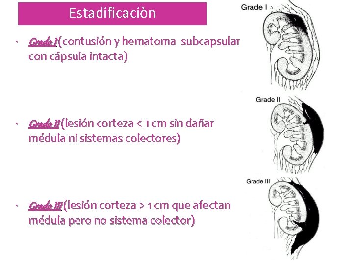 Estadificaciòn • Grado I (contusión y hematoma subcapsular con cápsula intacta) • Grado II