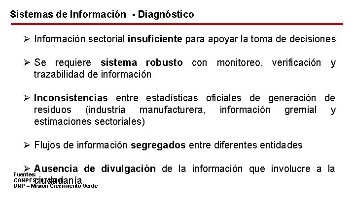Sistemas de Información - Diagnóstico Ø Información sectorial insuficiente para apoyar la toma de