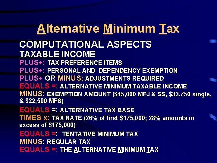 Alternative Minimum Tax COMPUTATIONAL ASPECTS TAXABLE INCOME PLUS+: TAX PREFERENCE ITEMS PLUS+: PERSONAL AND