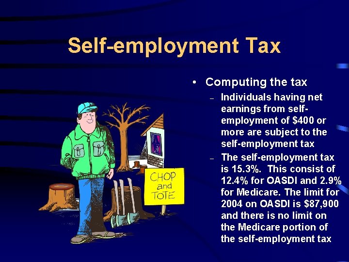 Self-employment Tax • Computing the tax – – Individuals having net earnings from selfemployment