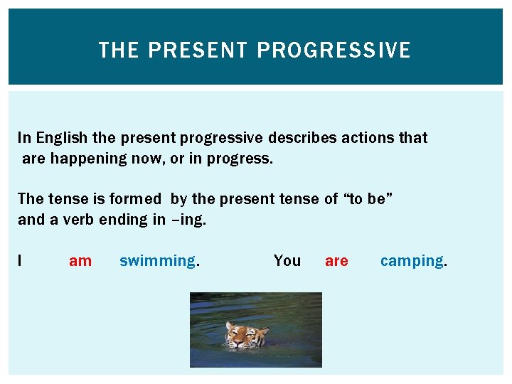 THE PRESENT PROGRESSIVE In English the present progressive describes actions that are happening now,