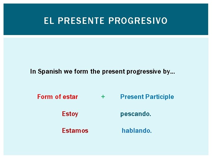 EL PRESENTE PROGRESIVO In Spanish we form the present progressive by… Form of estar