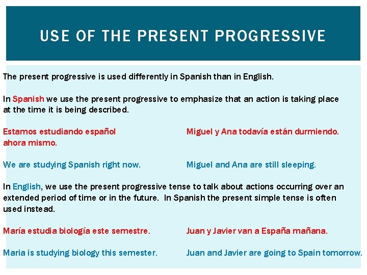 USE OF THE PRESENT PROGRESSIVE The present progressive is used differently in Spanish than