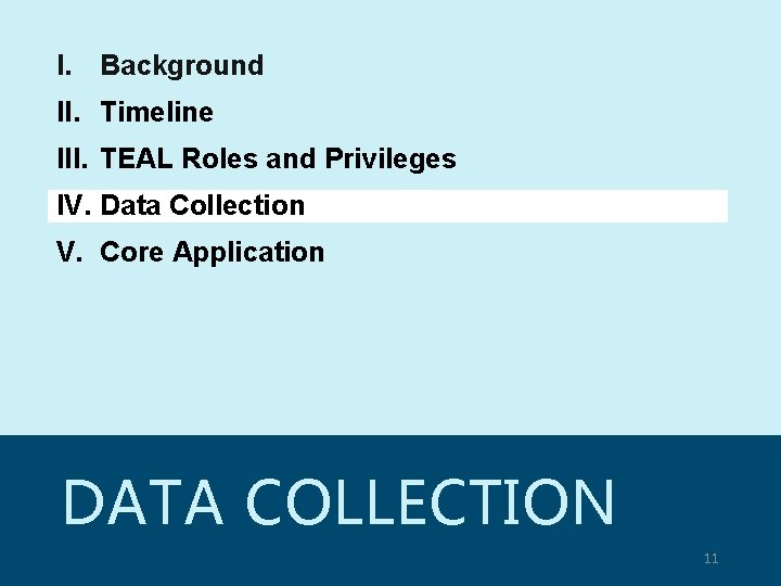 I. Background II. Timeline III. TEAL Roles and Privileges IV. Data Collection V. Core