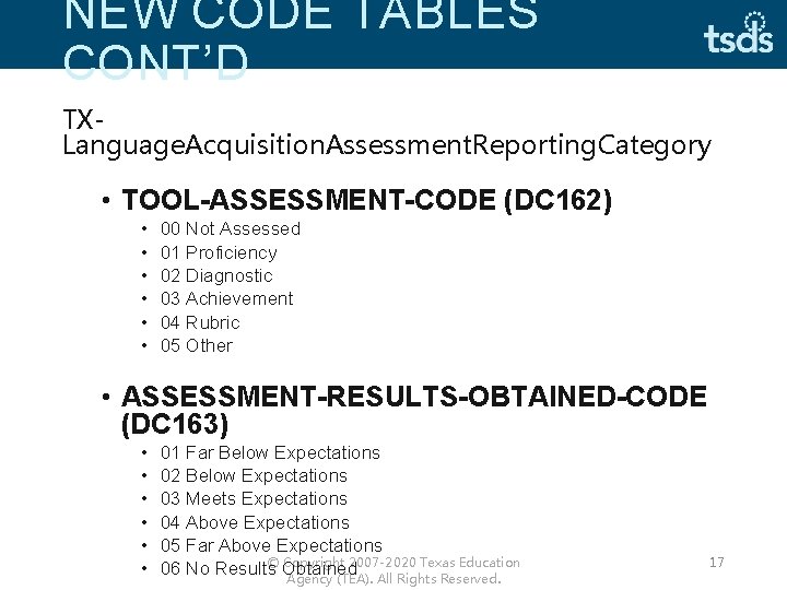 NEW CODE TABLES CONT’D TXLanguage. Acquisition. Assessment. Reporting. Category • TOOL-ASSESSMENT-CODE (DC 162) •