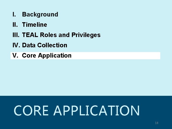 I. Background II. Timeline III. TEAL Roles and Privileges IV. Data Collection V. Core