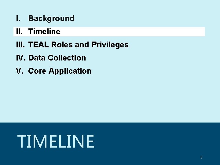 I. Background II. Timeline III. TEAL Roles and Privileges IV. Data Collection V. Core