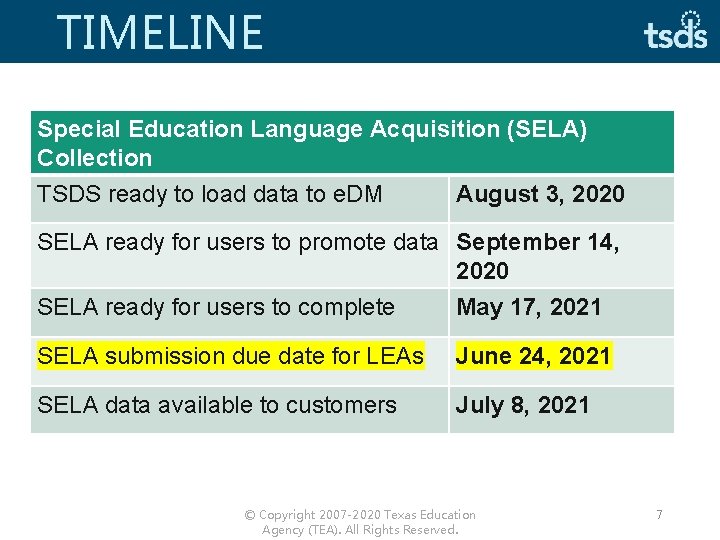 TIMELINE Special Education Language Acquisition (SELA) Collection TSDS ready to load data to e.