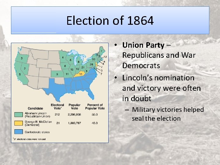 Election of 1864 • Union Party – Republicans and War Democrats • Lincoln’s nomination