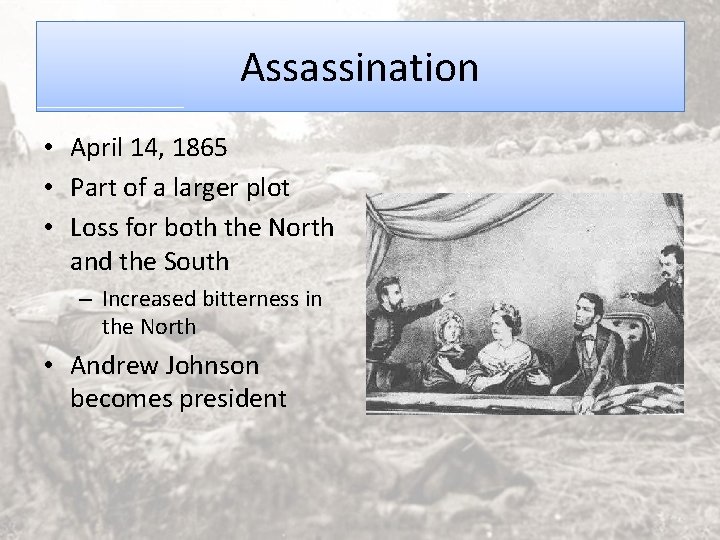 Assassination • April 14, 1865 • Part of a larger plot • Loss for