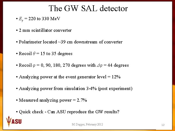 The GW SAL detector • Eγ = 220 to 330 Me. V • 2