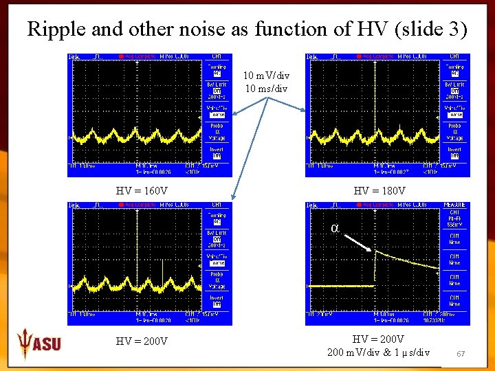 Ripple and other noise as function of HV (slide 3) 10 m. V/div 10