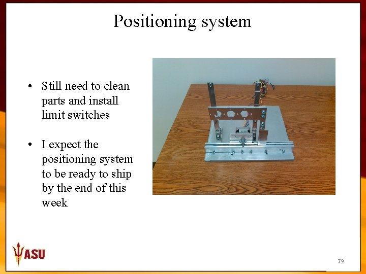 Positioning system • Still need to clean parts and install limit switches • I