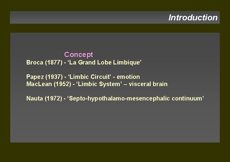 Introduction Concept Broca (1877) - ‘La Grand Lobe Limbique’ Papez (1937) - ‘Limbic Circuit’