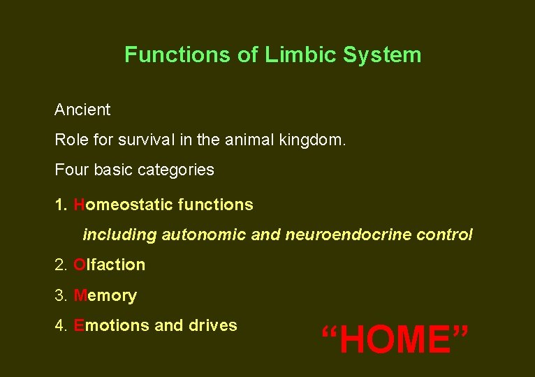 Functions of Limbic System Ancient Role for survival in the animal kingdom. Four basic