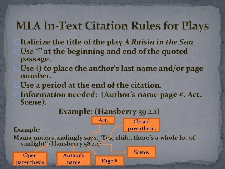 MLA In-Text Citation Rules for Plays �Italicize the title of the play A Raisin