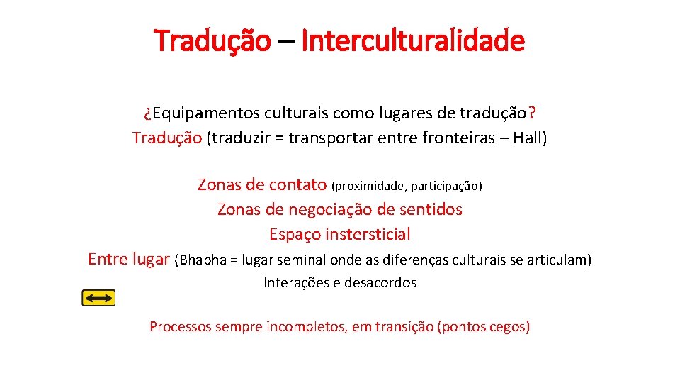 Tradução – Interculturalidade ¿Equipamentos culturais como lugares de tradução? Tradução (traduzir = transportar entre