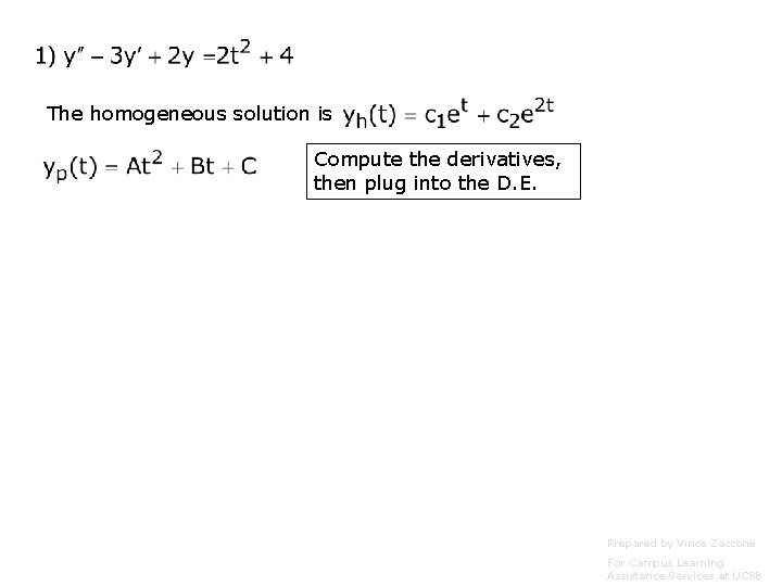 The homogeneous solution is Compute the derivatives, then plug into the D. E. Prepared