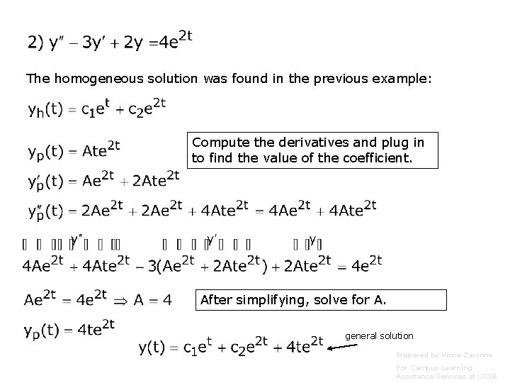 The homogeneous solution was found in the previous example: Compute the derivatives and plug