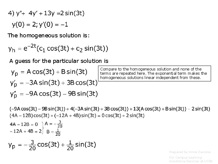 The homogeneous solution is: A guess for the particular solution is Compare to the