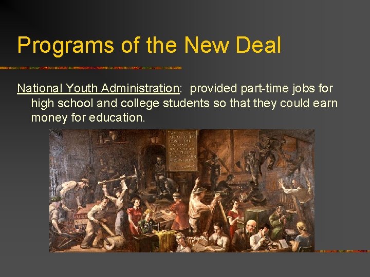 Programs of the New Deal National Youth Administration: provided part-time jobs for high school
