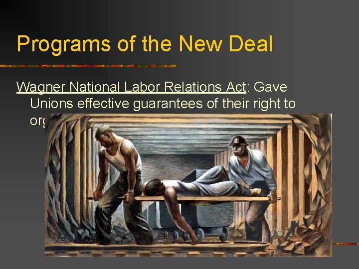 Programs of the New Deal Wagner National Labor Relations Act: Gave Unions effective guarantees