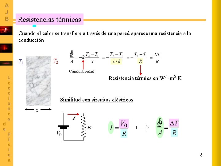 Resistencias térmicas Cuando el calor se transfiere a través de una pared aparece una