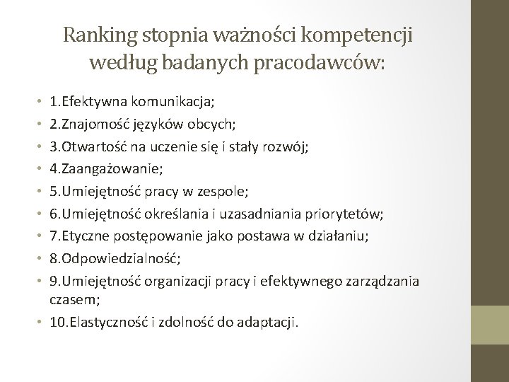 Ranking stopnia ważności kompetencji według badanych pracodawców: 1. Efektywna komunikacja; 2. Znajomość języków obcych;