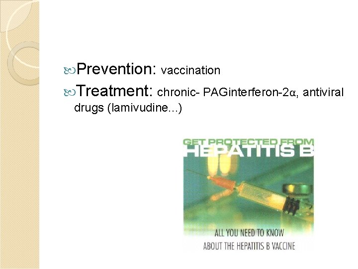  Prevention: vaccination Treatment: chronic- PAGinterferon-2α, antiviral drugs (lamivudine. . . ) 