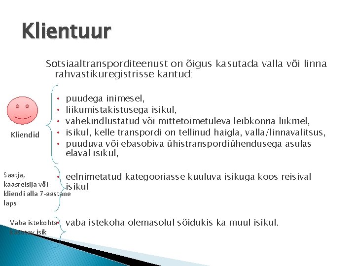 Klientuur Sotsiaaltransporditeenust on õigus kasutada valla või linna rahvastikuregistrisse kantud: Kliendid • • • Klientuur Sotsiaaltransporditeenust on õigus kasutada valla või linna rahvastikuregistrisse kantud: Kliendid • • •
