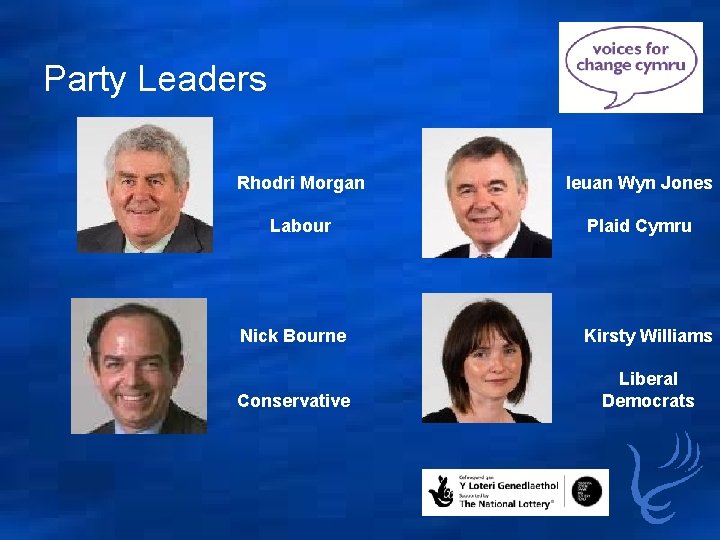Party Leaders Rhodri Morgan Ieuan Wyn Jones Labour Plaid Cymru Nick Bourne Kirsty Williams